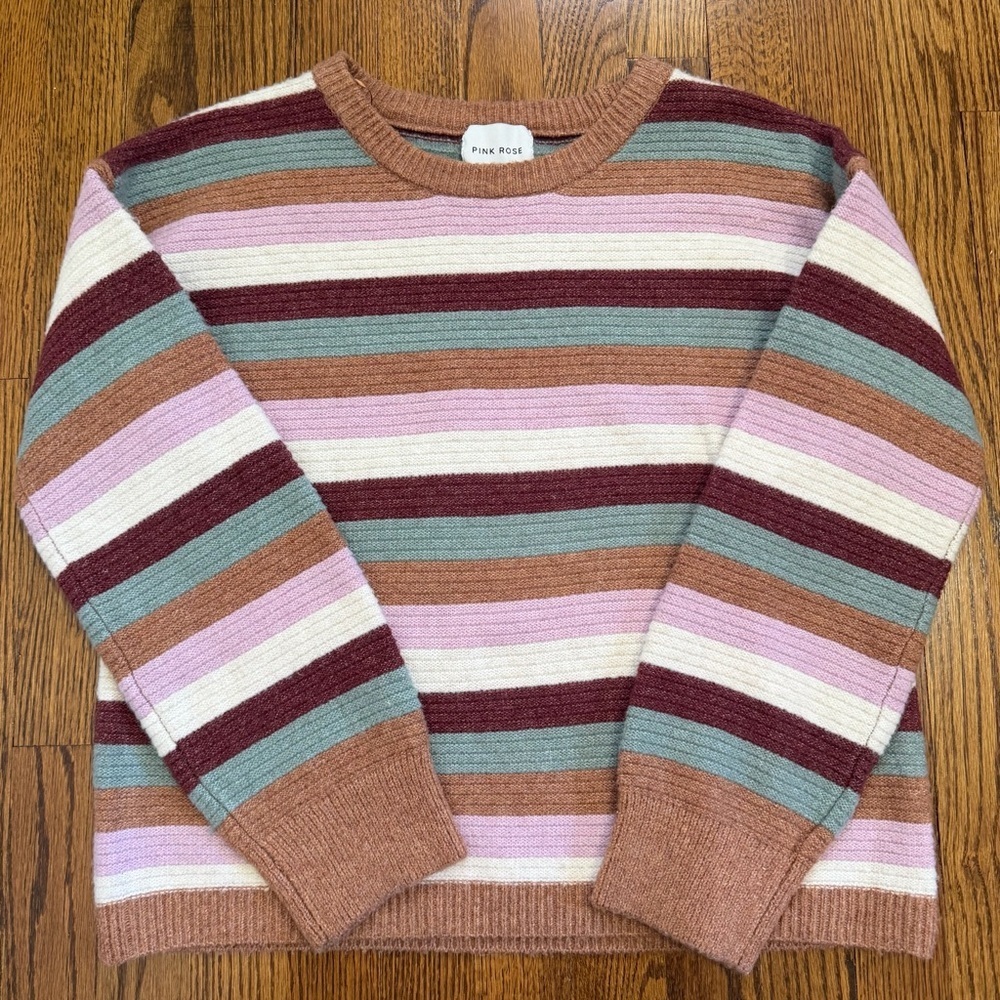 Pink Rose Pink Maroon Striped Long Sleeve Crewneck Sweater Size Small